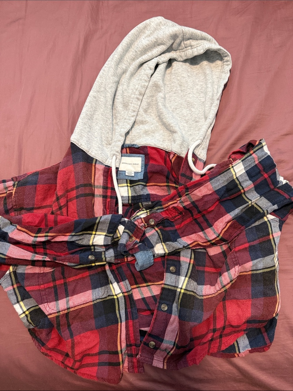 American Eagle Outfitters Red Plaid Button-Down Shirt with Gray Hood